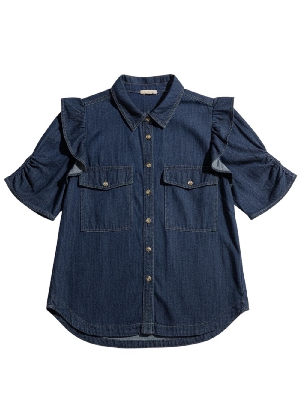 Pilcro Ozzi Ruffle-Sleeve Buttondown Shirt Dark Indigo Denim Size Large